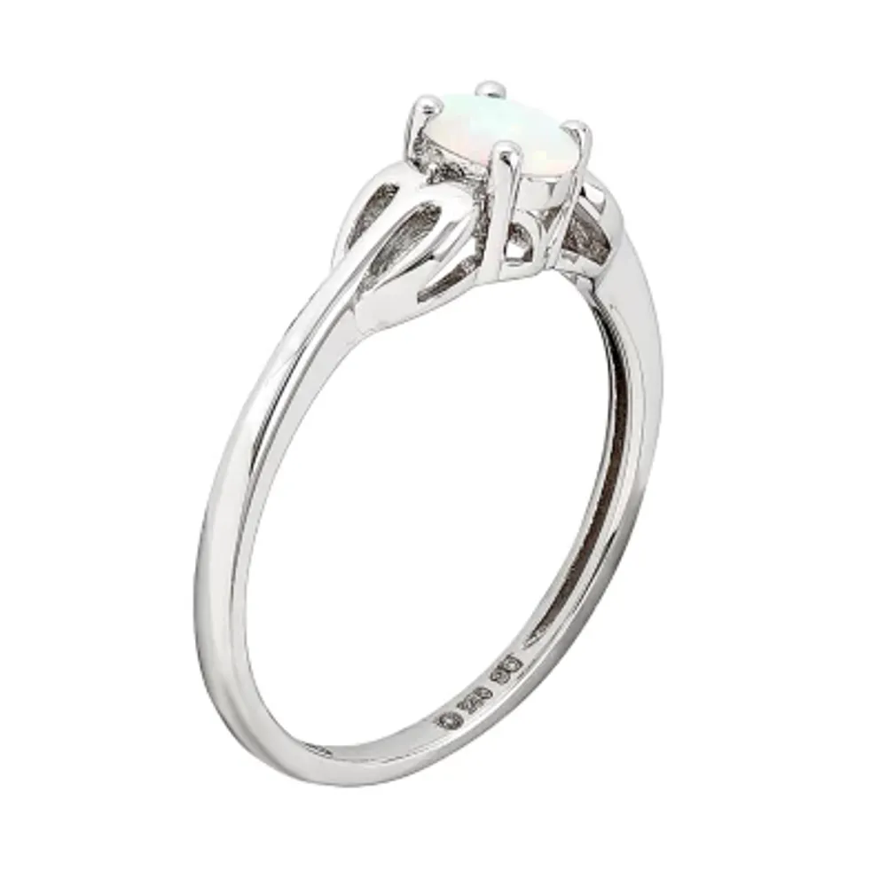 Womens Lab Created White Opal Sterling Silver Heart Oval Delicate Cocktail Ring