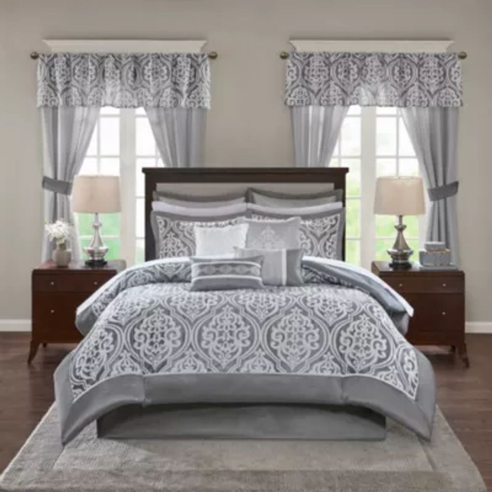 Madison Park Essentials Charley 24-pc. Jacquard Complete Bedding Set with Sheets and Window Treatments