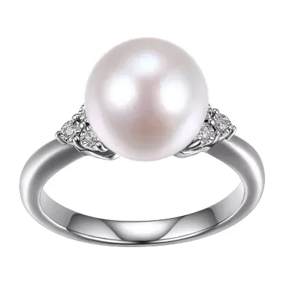 Womens Diamond Accent 10-11MM White Cultured Freshwater Pearl Sterling Silver Cocktail Ring