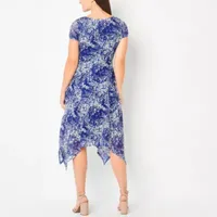 Perceptions Short Sleeve Floral Puff Lace Midi Fit + Flare Dress