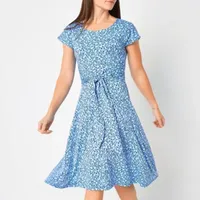 Robbie Bee Womens Short Sleeve Dots Midi Fit + Flare Dress