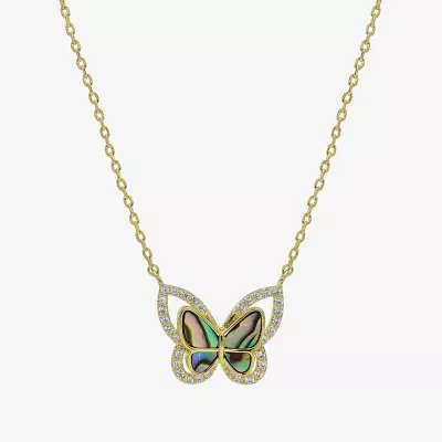 Sparkle Allure Halo Womens Green Mother Of Pearl Cultured Freshwater Pearl 14K Gold Over Brass Butterfly Pendant Necklaces
