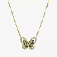 Sparkle Allure Halo Womens Green Mother Of Pearl Cultured Freshwater Pearl 14K Gold Over Brass Butterfly Pendant Necklaces
