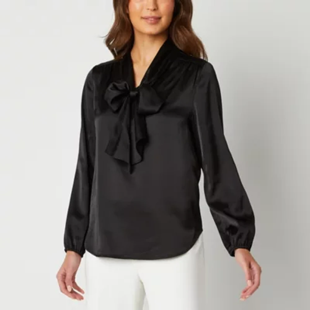 EP Modern by Evan-Picone Womens Split Tie Neck Long Sleeve Satin Blouse