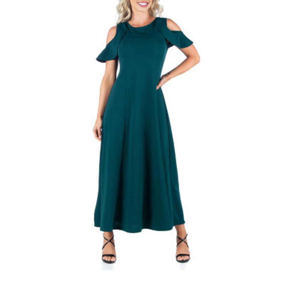 24/7 Comfort Apparel Womens Ruffle Cold Shoulder A Line Maxi Dress