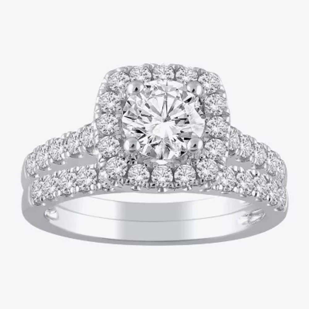 (H-I / I1) Womens 2 CT. T.W. Lab Grown White Diamond 10K Gold Cushion Side Stone Halo Bridal Set