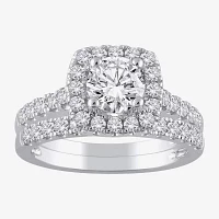 (H-I / I1) Womens 2 CT. T.W. Lab Grown White Diamond 10K Gold Cushion Side Stone Halo Bridal Set