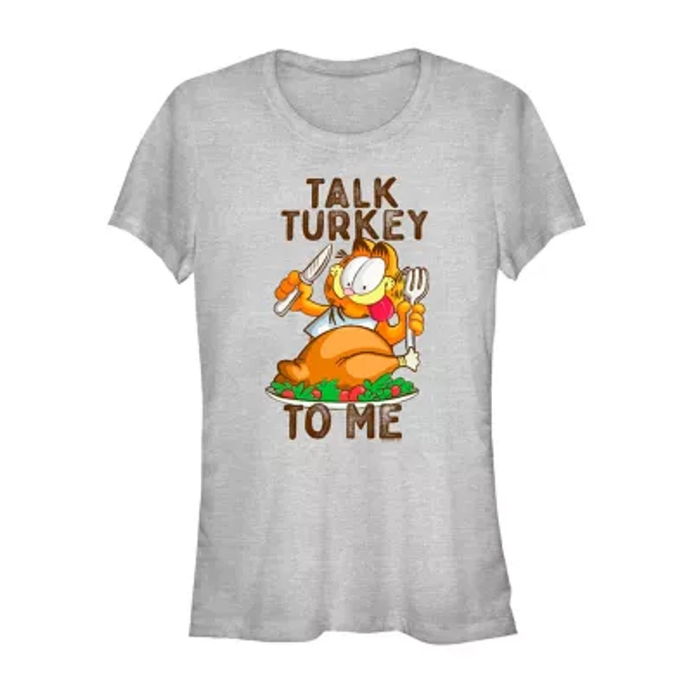 Juniors Garfield Talk Turkey To Me Tee Womens Crew Neck Short Sleeve Graphic T-Shirt