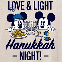 Juniors Disney Mickey and Friends Latkes; Lights Love Hanukkah Tee Womens Scoop Neck Short Sleeve Graphic T-Shirt