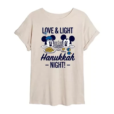 Juniors Disney Mickey and Friends Latkes; Lights Love Hanukkah Tee Womens Scoop Neck Short Sleeve Graphic T-Shirt