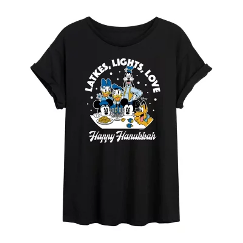 Juniors Disney Mickey and Friends Love Light Hanukkah Night Tee Womens Scoop Neck Short Sleeve Graphic T-Shirt