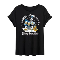 Juniors Disney Mickey and Friends Love Light Hanukkah Night Tee Womens Scoop Neck Short Sleeve Graphic T-Shirt