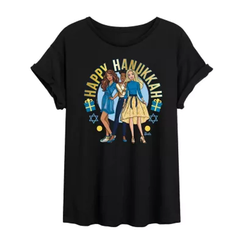 Juniors Barbie Happy Hanukkah Tee Womens Scoop Neck Short Sleeve Graphic T-Shirt