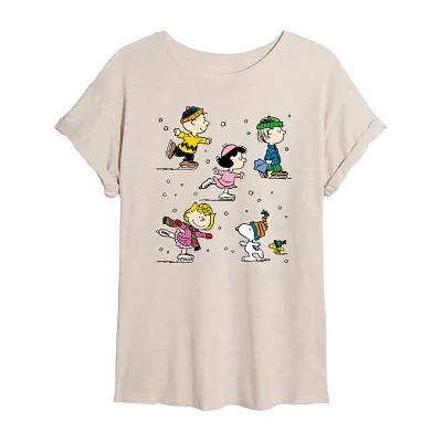 Juniors Peanuts Skating Tee Womens Scoop Neck Short Sleeve Graphic T-Shirt