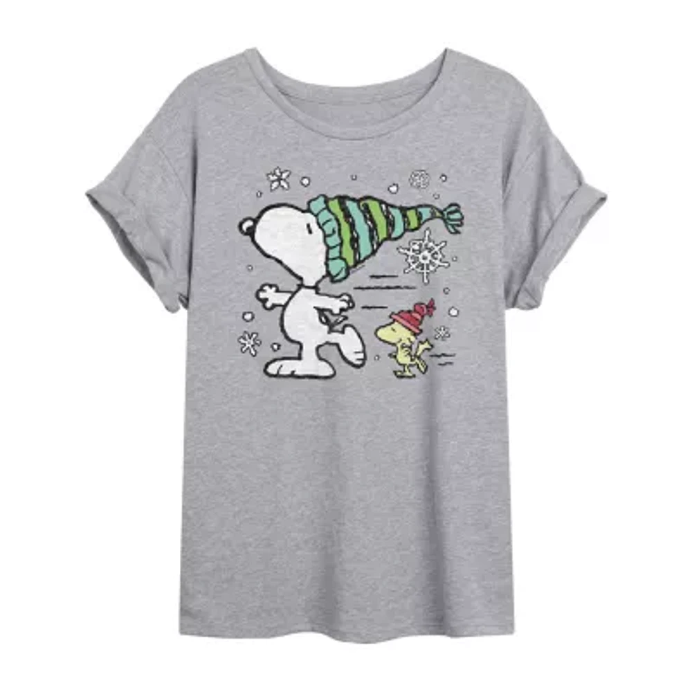 Juniors Peanuts Snoopy And Woodstock Skating Tee Womens Scoop Neck Short Sleeve Graphic T-Shirt