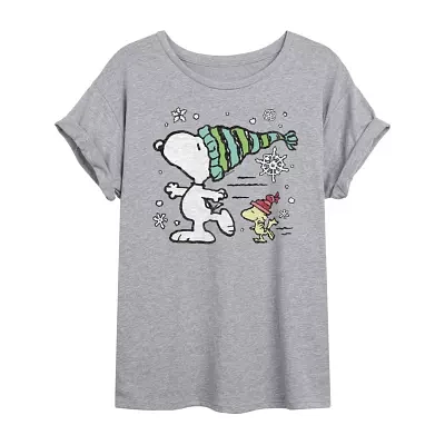 Juniors Peanuts Snoopy And Woodstock Skating Tee Womens Scoop Neck Short Sleeve Graphic T-Shirt