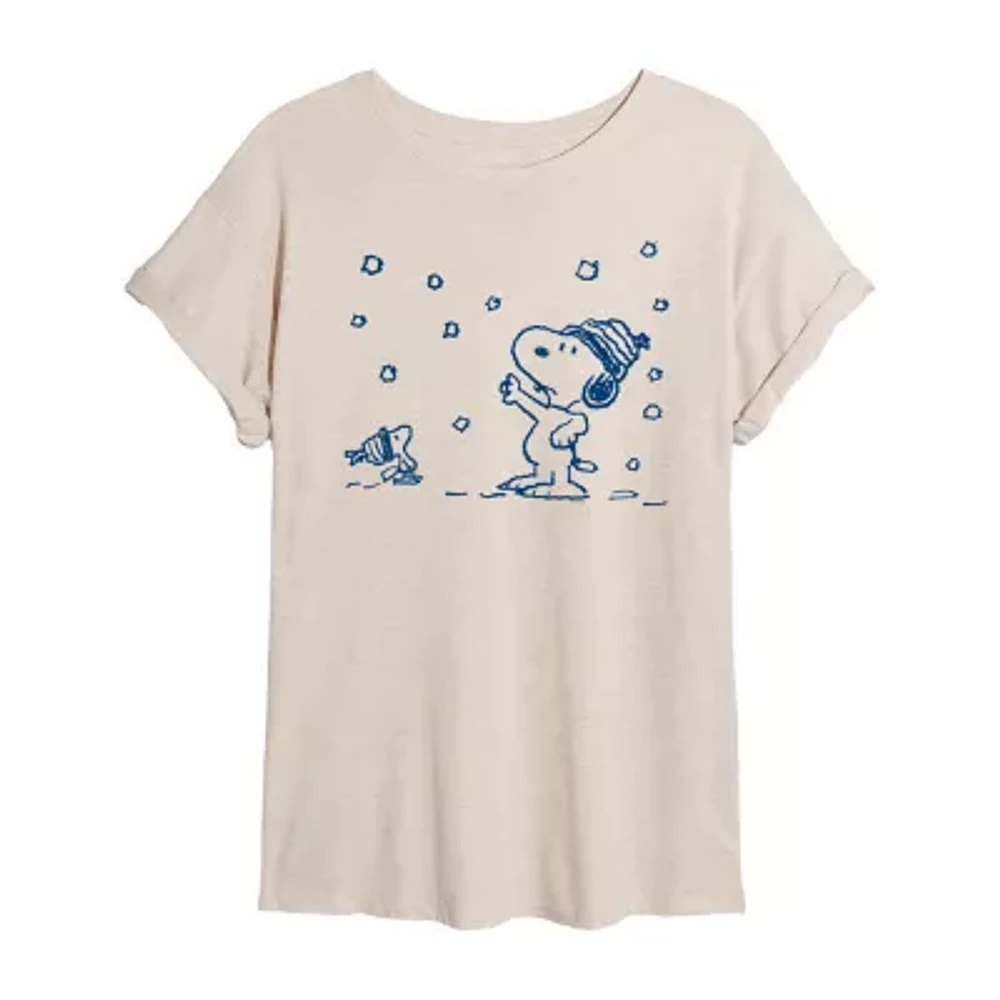 Juniors Peanuts Snoopy And Woodstock Snow Tee Womens Scoop Neck Short Sleeve Graphic T-Shirt