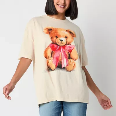 New World Juniors Bear Bow Oversized Tee Womens Crew Neck Short Sleeve Graphic T-Shirt