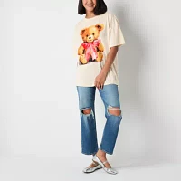 New World Juniors Bear Bow Oversized Tee Womens Crew Neck Short Sleeve Graphic T-Shirt