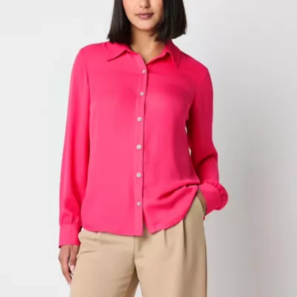 by&by Juniors Womens Long Sleeve Regular Fit Button-Down Shirt