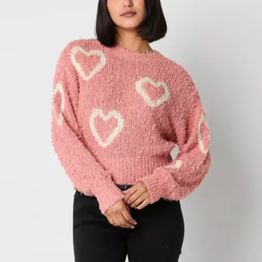 Arizona Juniors Womens Crew Neck Long Sleeve Hearts Pullover Sweater