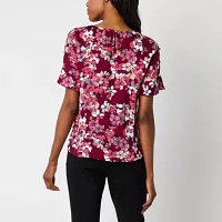 Liz Claiborne Womens Round Neck Short Sleeve Satin Blouse
