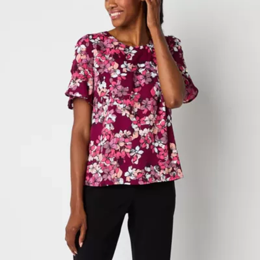 Liz Claiborne Womens Round Neck Short Sleeve Satin Blouse