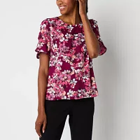 Liz Claiborne Womens Round Neck Short Sleeve Satin Blouse