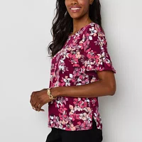 Liz Claiborne Womens Round Neck Short Sleeve Satin Blouse