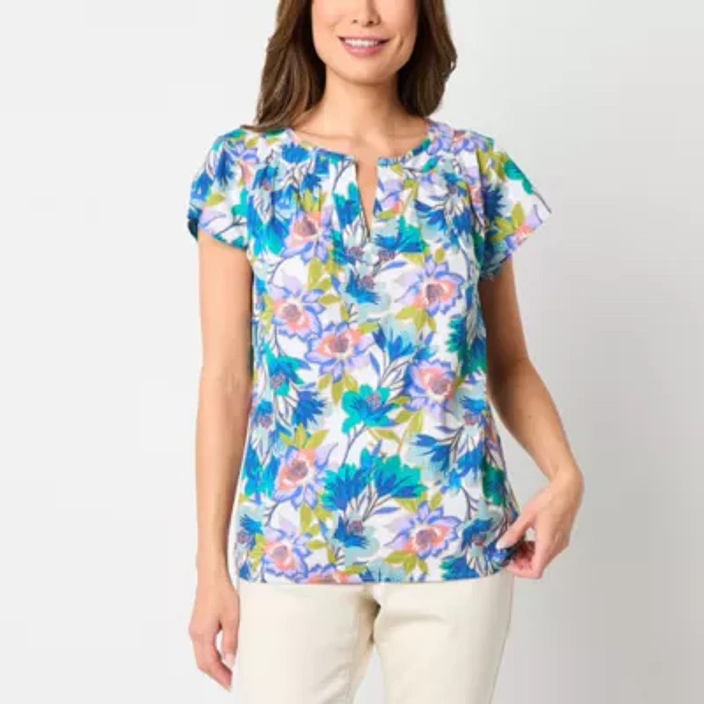St. John's Bay Womens Split Crew Neck Short Sleeve Blouse