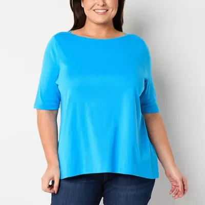St. John's Bay Womens Plus Boat Neck Elbow Sleeve Adaptive Easy-on + Easy-off T-Shirt