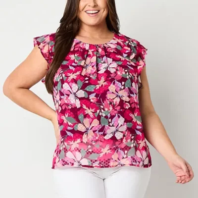 Liz Claiborne Plus Womens Round Neck Short Sleeve Blouse