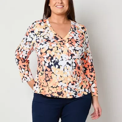 Liz Claiborne Womens V Neck 3/4 Sleeve Wrap Shirt Plus