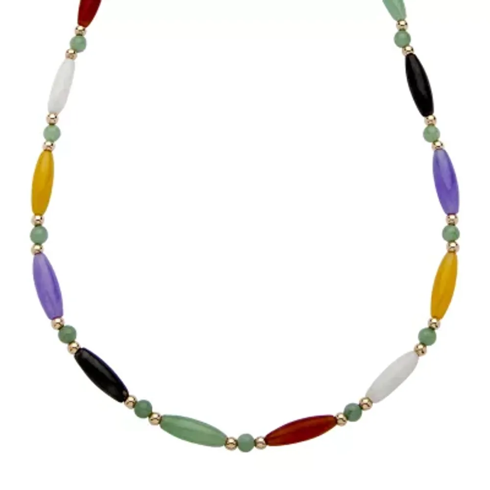 Womens Genuine Multi Color Jade 14K Gold Beaded Necklace