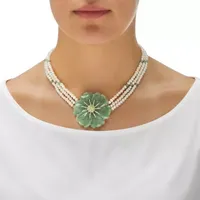 Womens Genuine Green Jade Sterling Silver Flower Collar Necklace