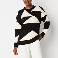 Worthington Petite Womens Crew Neck Long Sleeve Geometric Pullover Sweater