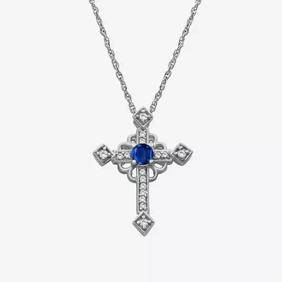 Womens Diamond Accent Genuine Blue Sapphire 10K White Gold Cross Pendant Necklace