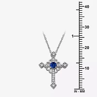 Womens Diamond Accent Genuine Blue Sapphire 10K White Gold Cross Pendant Necklace