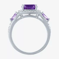 Womens Genuine Purple Amethyst Sterling Silver Cushion Halo Cocktail Ring