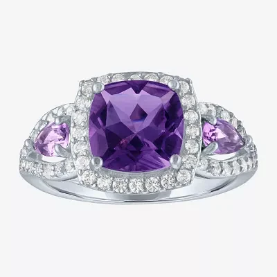Womens Genuine Purple Amethyst Sterling Silver Cushion Halo Cocktail Ring