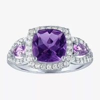 Womens Genuine Purple Amethyst Sterling Silver Cushion Halo Cocktail Ring