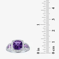 Womens Genuine Purple Amethyst Sterling Silver Cushion Halo Cocktail Ring