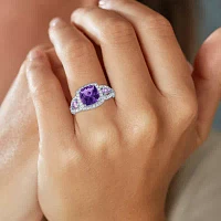 Womens Genuine Purple Amethyst Sterling Silver Cushion Halo Cocktail Ring