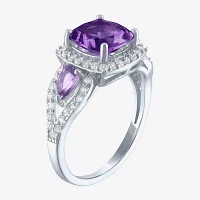 Womens Genuine Purple Amethyst Sterling Silver Cushion Halo Cocktail Ring