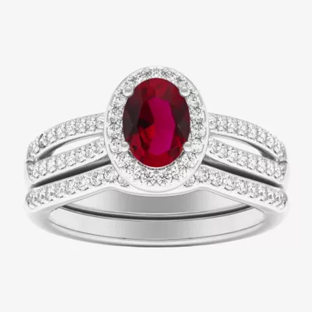Modern Bride Gemstone Womens 1/2 CT. T.W. Lead Glass-Filled Red Ruby 10K Gold Oval Side Stone Halo Engagement Ring