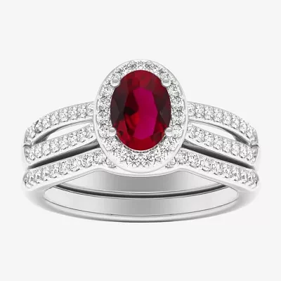 Modern Bride Gemstone Womens 1/2 CT. T.W. Lead Glass-Filled Red Ruby 10K Gold Oval Side Stone Halo Engagement Ring