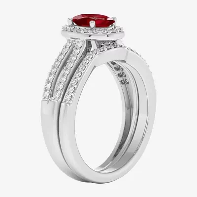 Modern Bride Gemstone Womens / CT. T.W. Lead Glass-Filled Red Ruby 10K White Gold Oval Side Stone Halo Engagement Ring