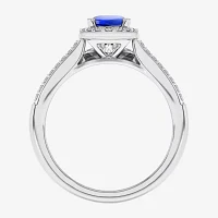 Modern Bride Gemstone Womens / CT. T.W. Genuine Blue Sapphire 10K Gold Oval Side Stone Halo Engagement Ring