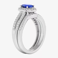 Modern Bride Gemstone Womens / CT. T.W. Genuine Blue Sapphire 10K Gold Oval Side Stone Halo Engagement Ring