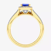 Modern Bride Gemstone Womens / CT. T.W. Genuine Blue Sapphire 10K Gold Oval Side Stone Halo Engagement Ring